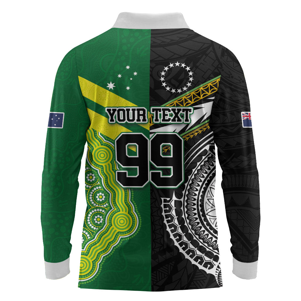 Custom Rugby Cook Islands and Australia Long Sleeve Polo Shirt Tatau Tribal with Aboriginal Chevron Sport Style