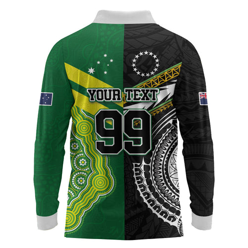 Custom Rugby Cook Islands and Australia Long Sleeve Polo Shirt Tatau Tribal with Aboriginal Chevron Sport Style
