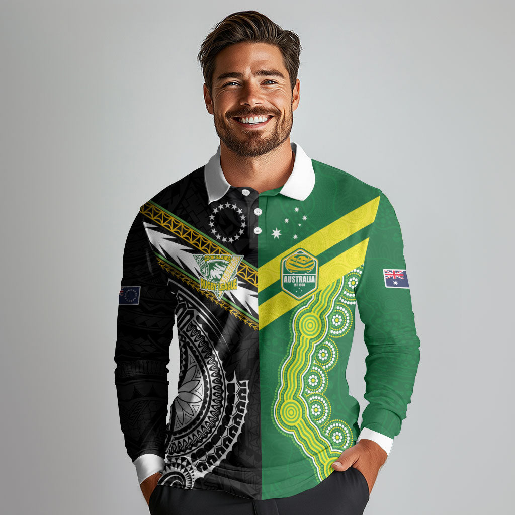 Custom Rugby Cook Islands and Australia Long Sleeve Polo Shirt Tatau Tribal with Aboriginal Chevron Sport Style