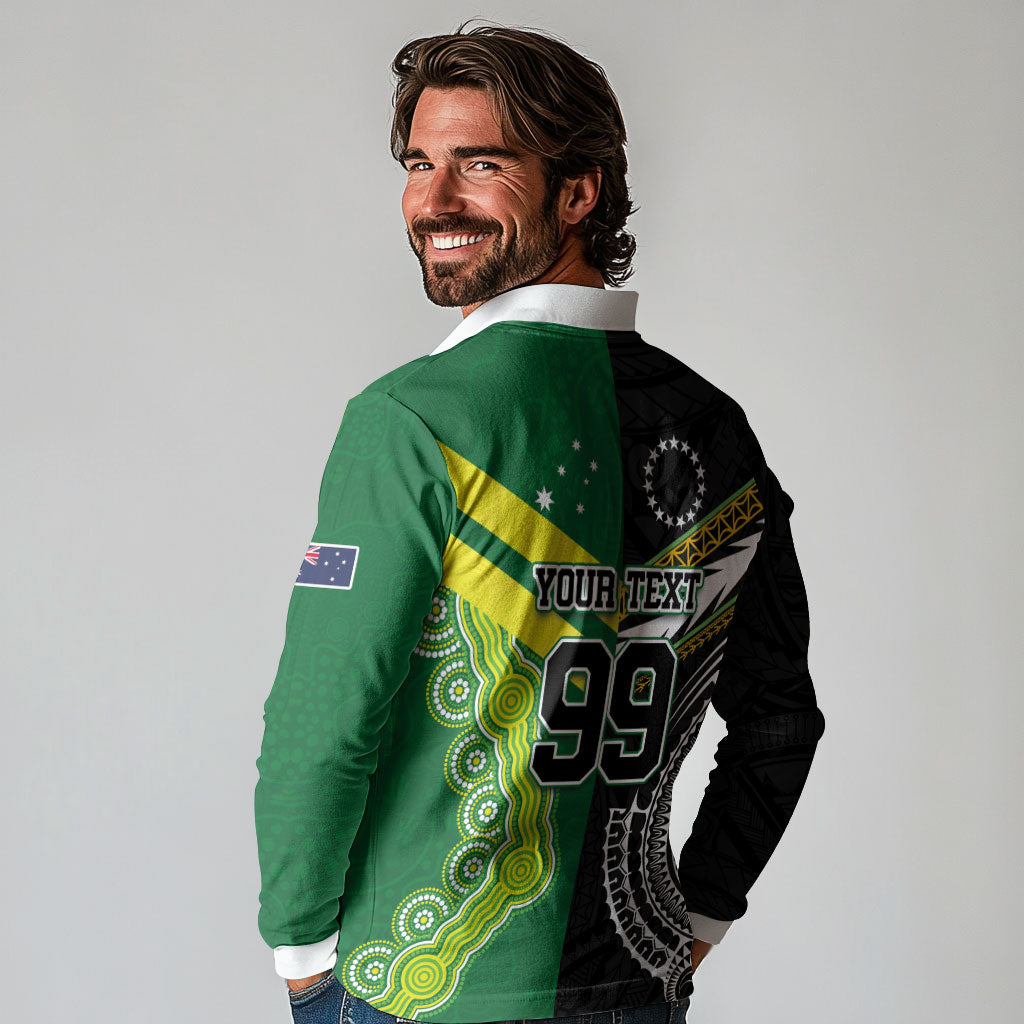 Custom Rugby Cook Islands and Australia Long Sleeve Polo Shirt Tatau Tribal with Aboriginal Chevron Sport Style