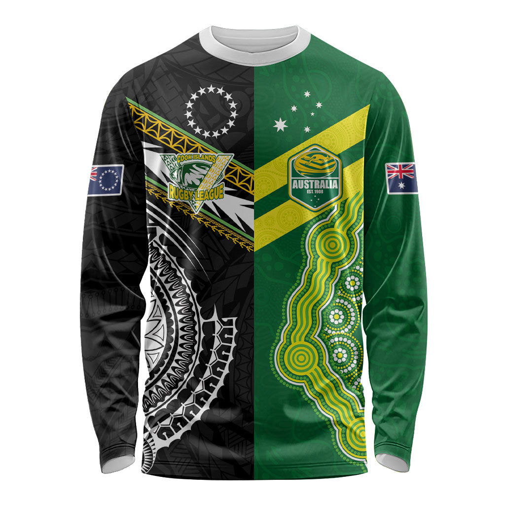 Custom Rugby Cook Islands and Australia Long Sleeve Shirt Tatau Tribal with Aboriginal Chevron Sport Style