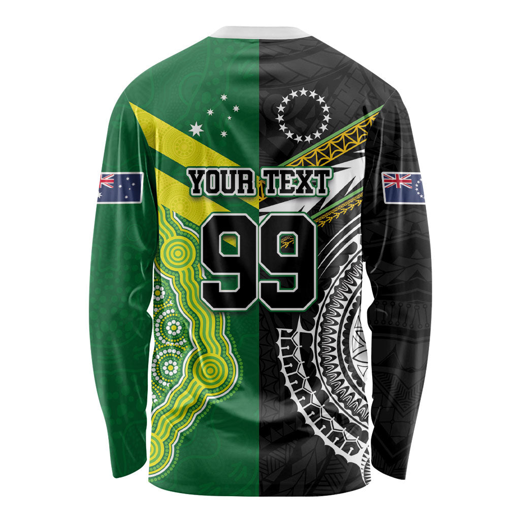 Custom Rugby Cook Islands and Australia Long Sleeve Shirt Tatau Tribal with Aboriginal Chevron Sport Style