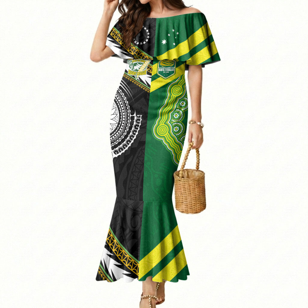 Custom Rugby Cook Islands and Australia Mermaid Dress Tatau Tribal with Aboriginal Chevron Sport Style