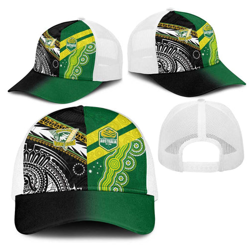 Cook Islands and Australia Rugby Mesh Trucker Cap Tatau Tribal with Aboriginal Chevron Sport Style