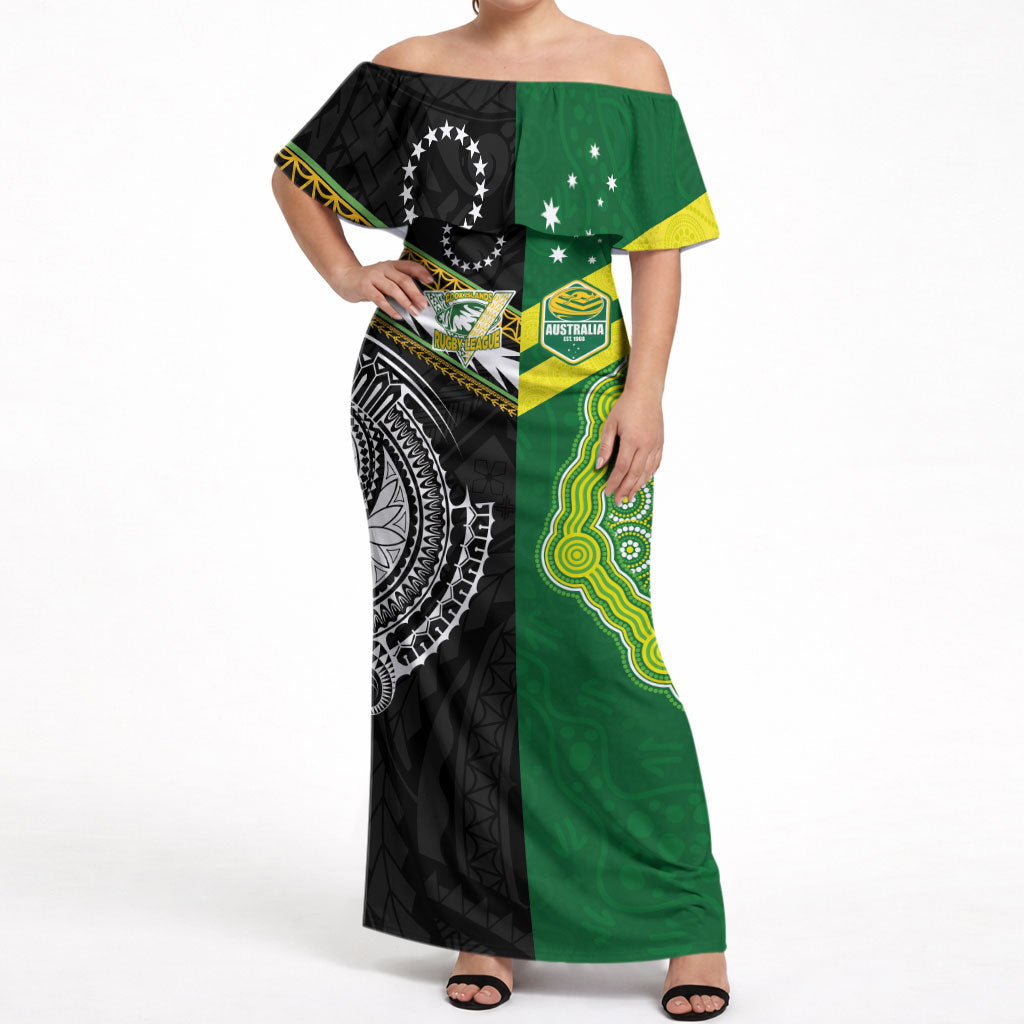 Custom Rugby Cook Islands and Australia Off Shoulder Maxi Dress Tatau Tribal with Aboriginal Chevron Sport Style