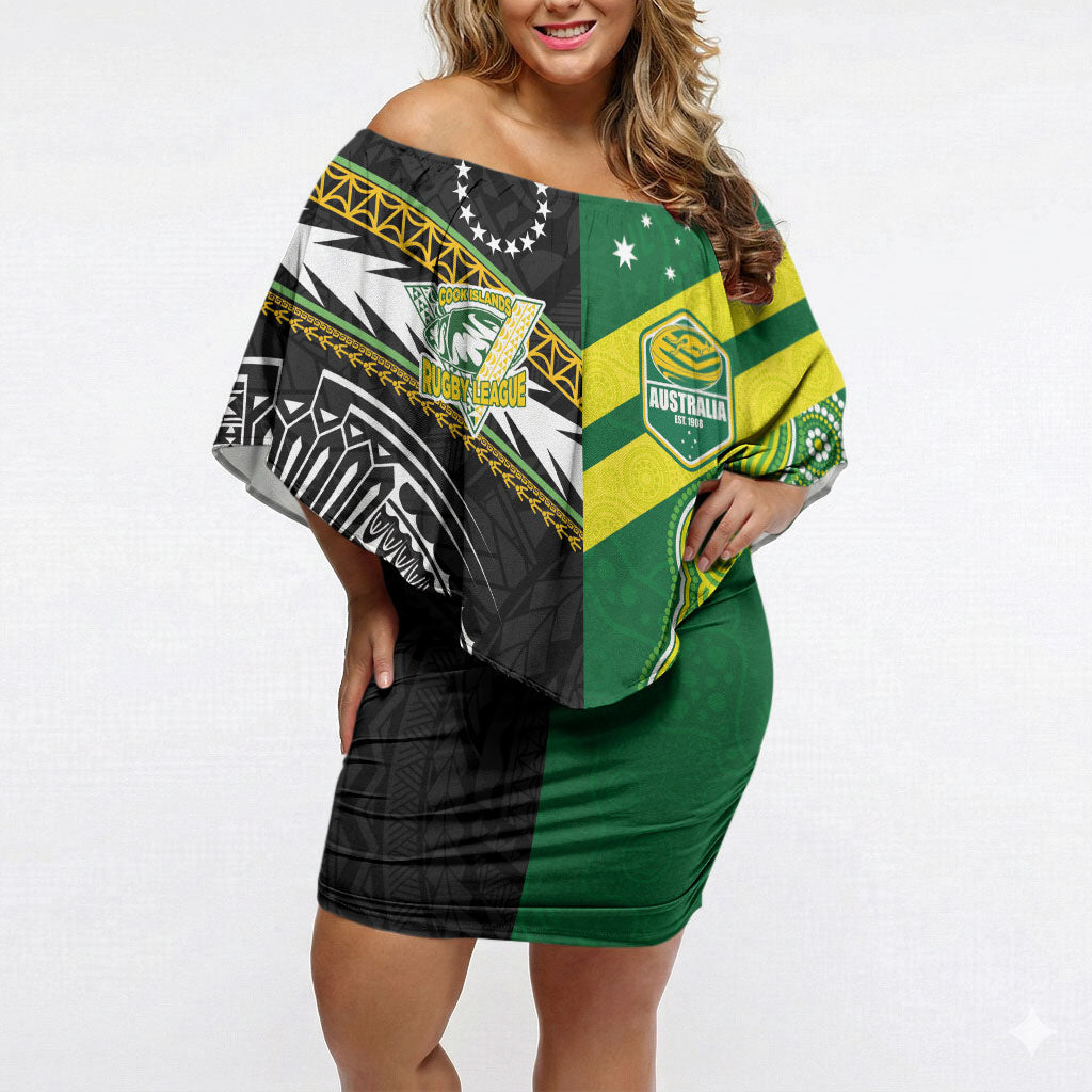 Custom Rugby Cook Islands and Australia Off Shoulder Short Dress Tatau Tribal with Aboriginal Chevron Sport Style