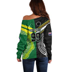Custom Rugby Cook Islands and Australia Off Shoulder Sweater Tatau Tribal with Aboriginal Chevron Sport Style