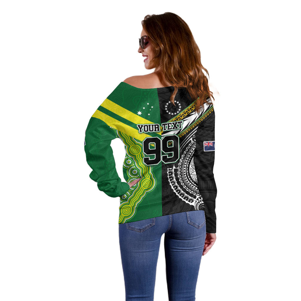 Custom Rugby Cook Islands and Australia Off Shoulder Sweater Tatau Tribal with Aboriginal Chevron Sport Style