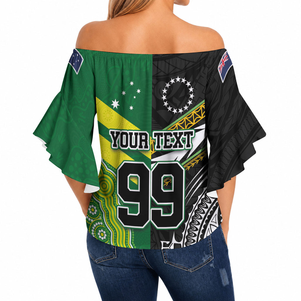 Custom Rugby Cook Islands and Australia Off Shoulder Wrap Waist Top Tatau Tribal with Aboriginal Chevron Sport Style