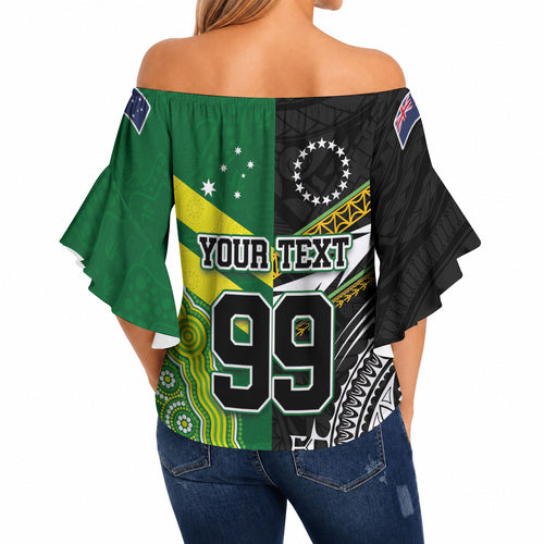 Custom Rugby Cook Islands and Australia Off Shoulder Wrap Waist Top Tatau Tribal with Aboriginal Chevron Sport Style