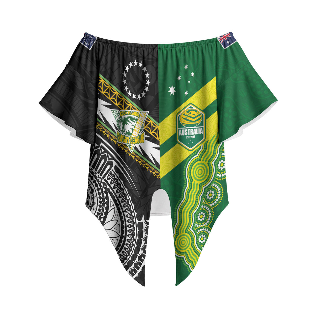 Custom Rugby Cook Islands and Australia Off Shoulder Wrap Waist Top Tatau Tribal with Aboriginal Chevron Sport Style
