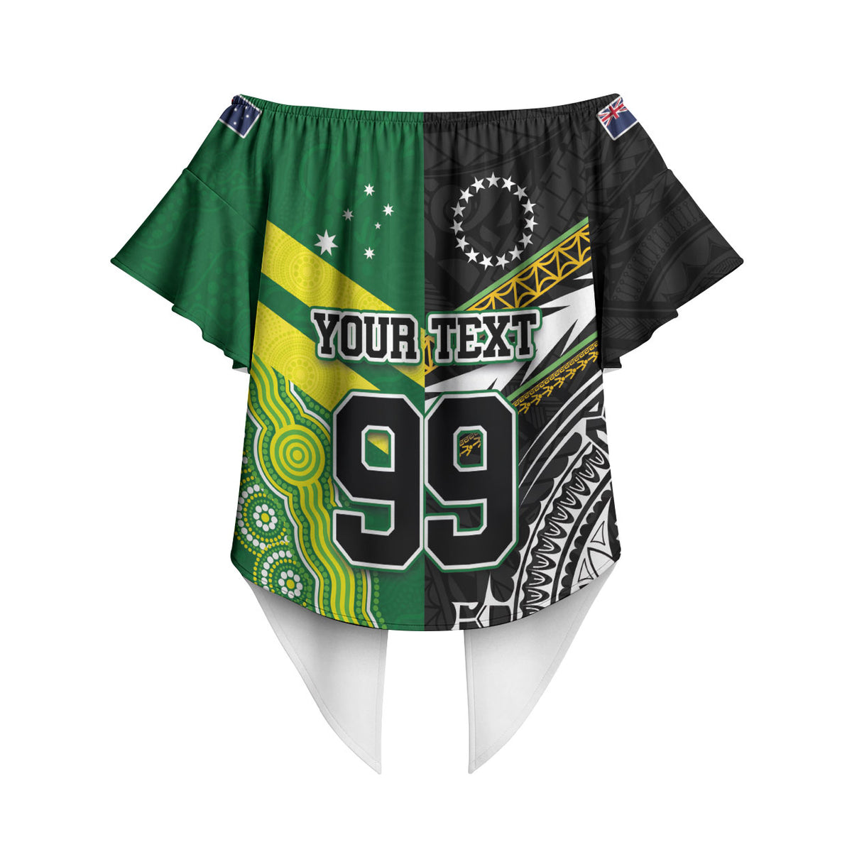 Custom Rugby Cook Islands and Australia Off Shoulder Wrap Waist Top Tatau Tribal with Aboriginal Chevron Sport Style