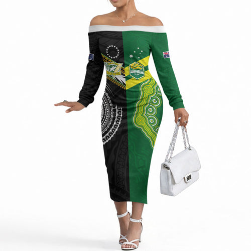 Custom Rugby Cook Islands and Australia Off The Shoulder Long Sleeve Dress Tatau Tribal with Aboriginal Chevron Sport Style