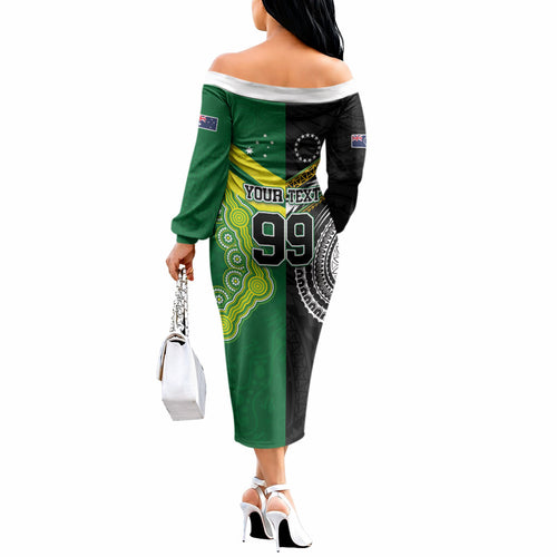 Custom Rugby Cook Islands and Australia Off The Shoulder Long Sleeve Dress Tatau Tribal with Aboriginal Chevron Sport Style