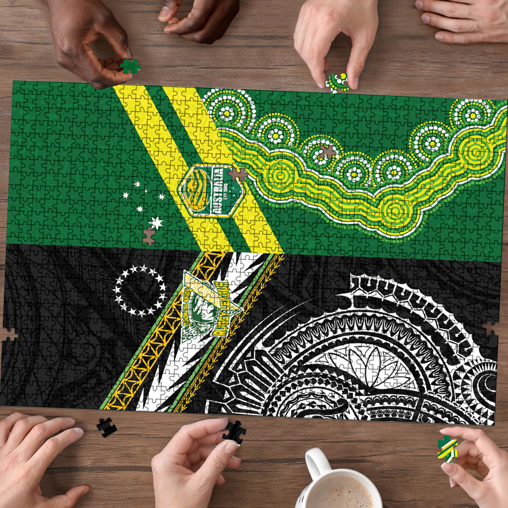 Rugby Cook Islands and Australia Puzzle Tatau Tribal with Aboriginal Chevron Sport Style