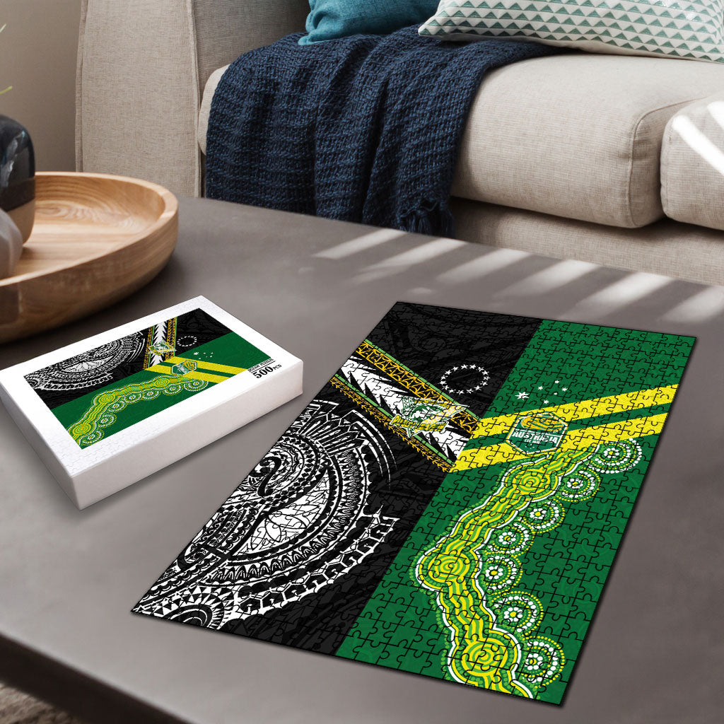 Rugby Cook Islands and Australia Puzzle Tatau Tribal with Aboriginal Chevron Sport Style