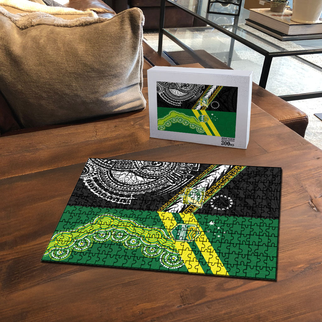 Rugby Cook Islands and Australia Puzzle Tatau Tribal with Aboriginal Chevron Sport Style