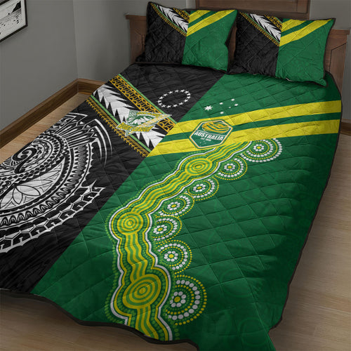 Rugby Cook Islands and Australia Quilt Bed Set Tatau Tribal with Aboriginal Chevron Sport Style