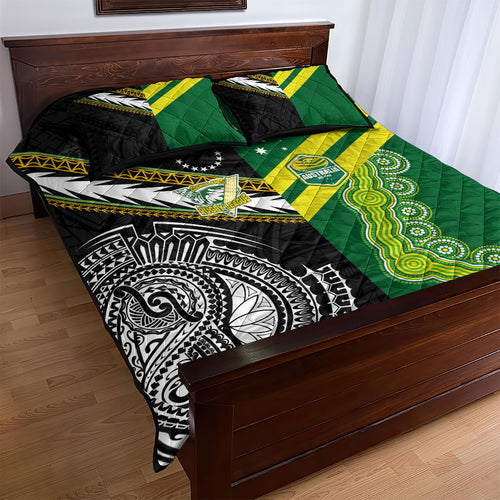 Rugby Cook Islands and Australia Quilt Bed Set Tatau Tribal with Aboriginal Chevron Sport Style
