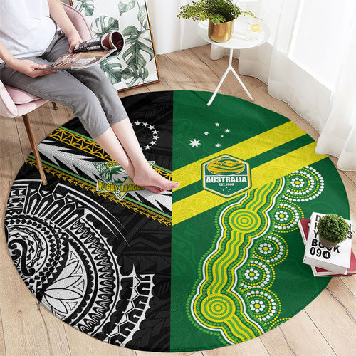 Rugby Cook Islands and Australia Round Carpet Tatau Tribal with Aboriginal Chevron Sport Style