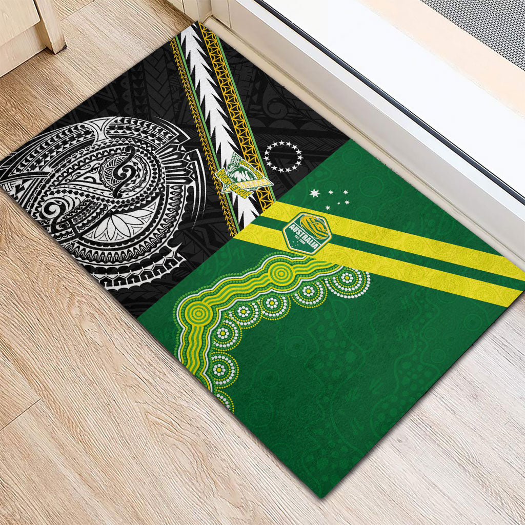 Rugby Cook Islands and Australia Rubber Doormat Tatau Tribal with Aboriginal Chevron Sport Style