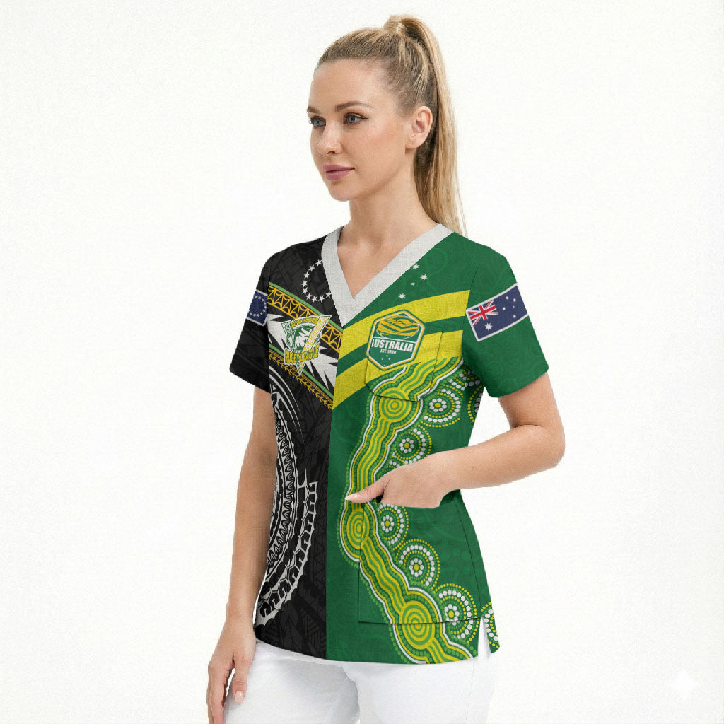 Custom Rugby Cook Islands and Australia Scrub Top Tatau Tribal with Aboriginal Chevron Sport Style