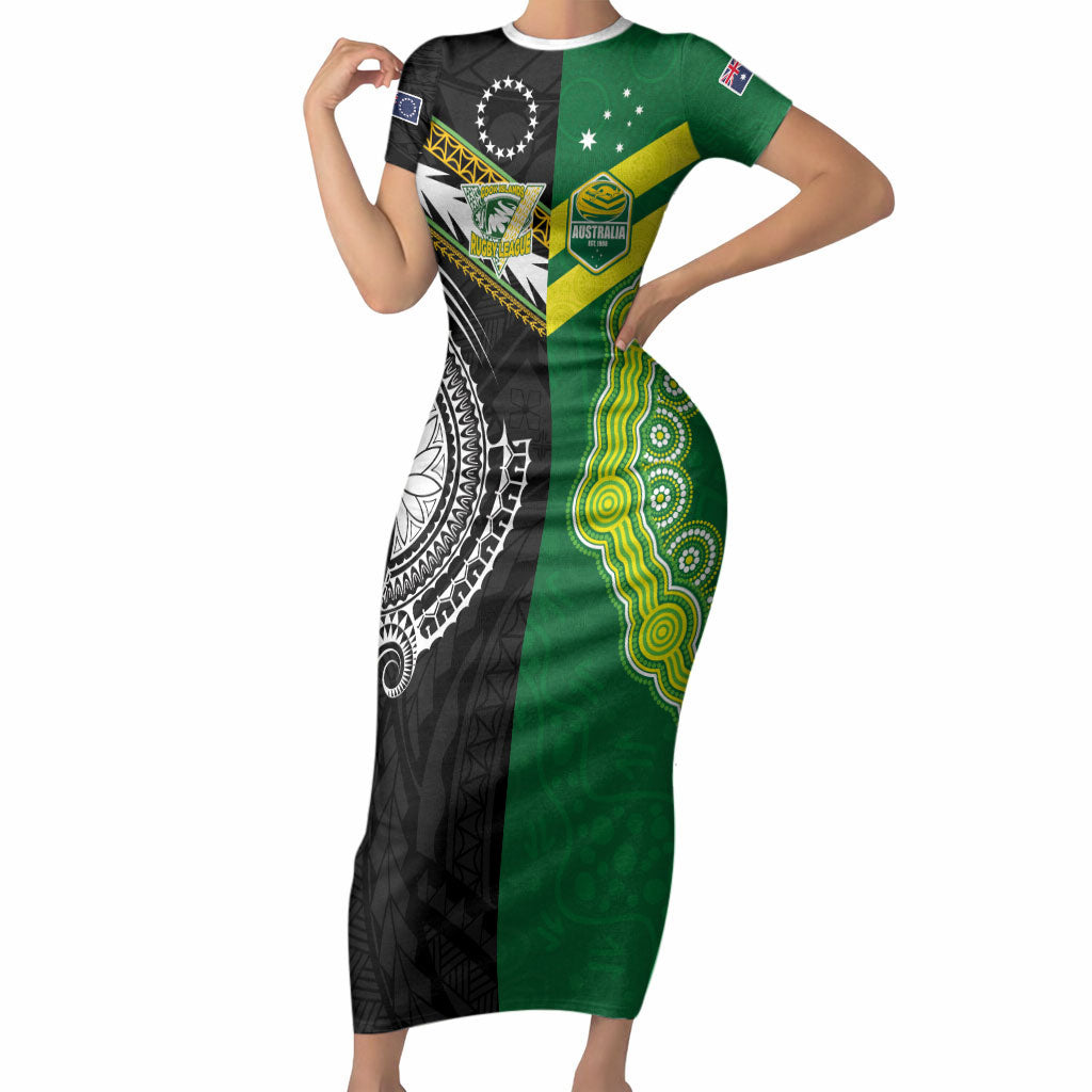 Custom Rugby Cook Islands and Australia Short Sleeve Bodycon Dress Tatau Tribal with Aboriginal Chevron Sport Style