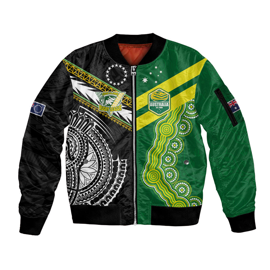 Custom Rugby Cook Islands and Australia Sleeve Zip Bomber Jacket Tatau Tribal with Aboriginal Chevron Sport Style