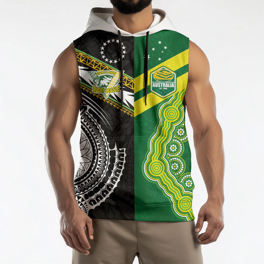 Custom Rugby Cook Islands and Australia Sleeveless Hoodie Tatau Tribal with Aboriginal Chevron Sport Style