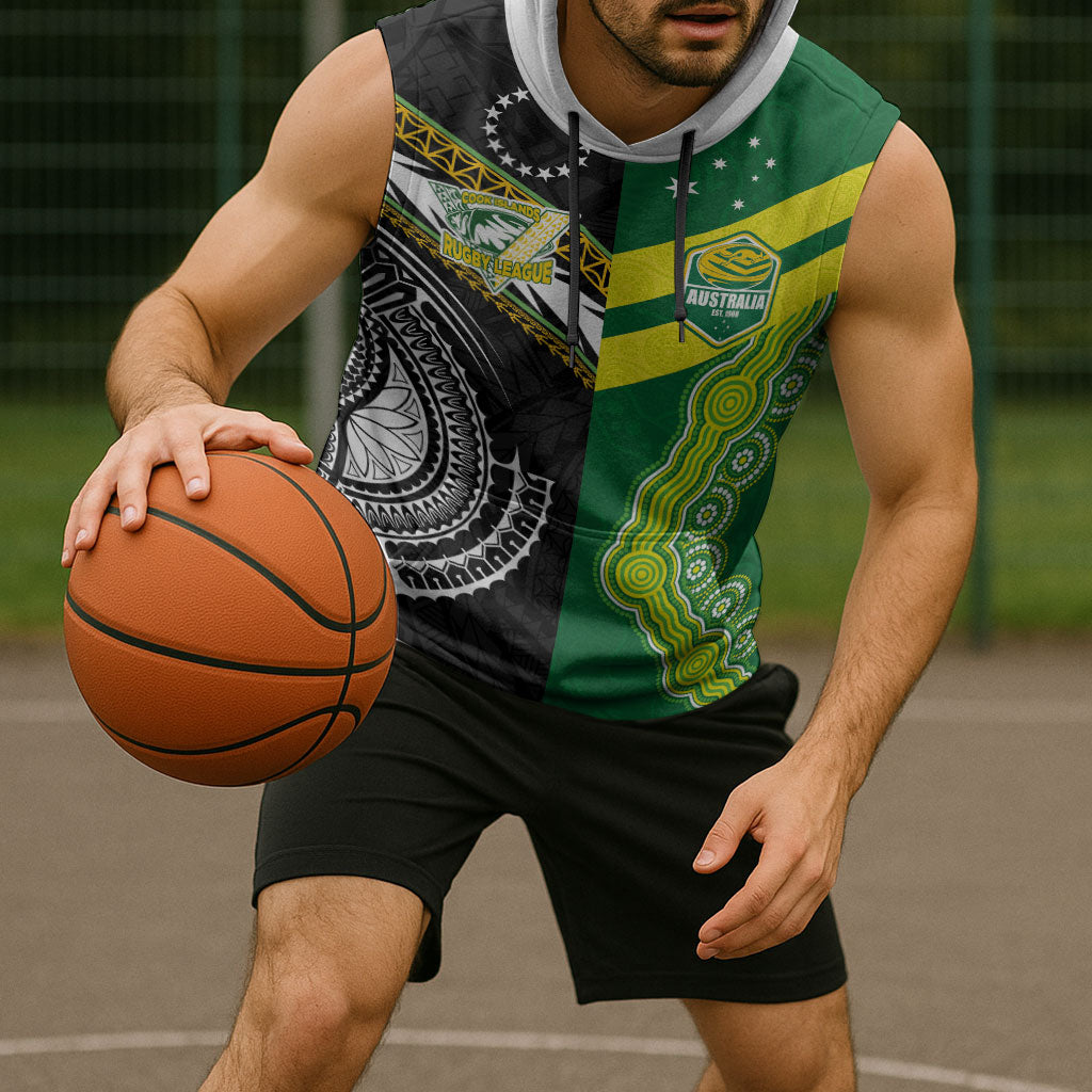 Custom Rugby Cook Islands and Australia Sleeveless Hoodie Tatau Tribal with Aboriginal Chevron Sport Style