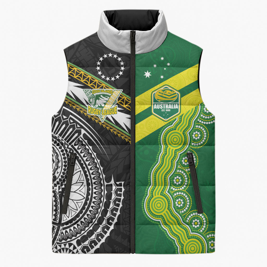 Custom Rugby Cook Islands and Australia Sleeveless Puffer Jacket Tatau Tribal with Aboriginal Chevron Sport Style