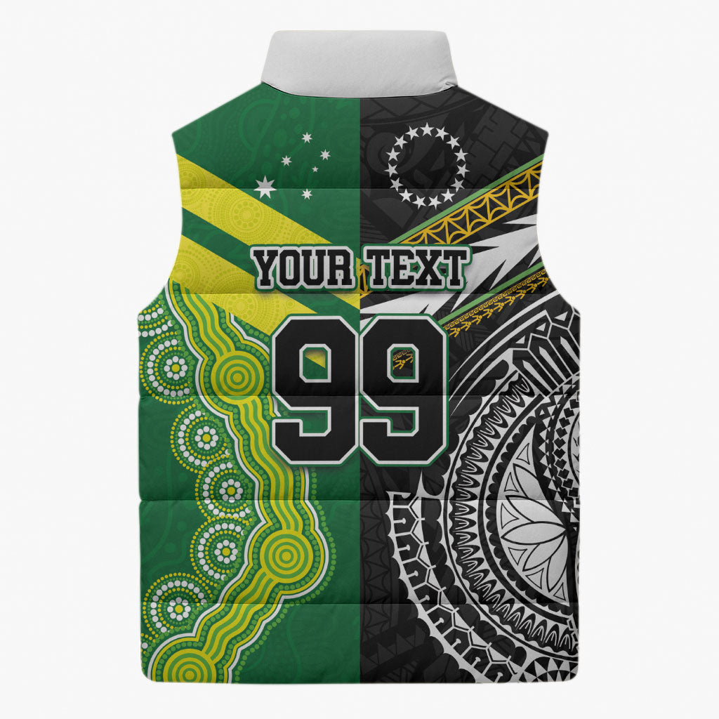 Custom Rugby Cook Islands and Australia Sleeveless Puffer Jacket Tatau Tribal with Aboriginal Chevron Sport Style