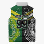 Custom Rugby Cook Islands and Australia Sleeveless Puffer Jacket Tatau Tribal with Aboriginal Chevron Sport Style