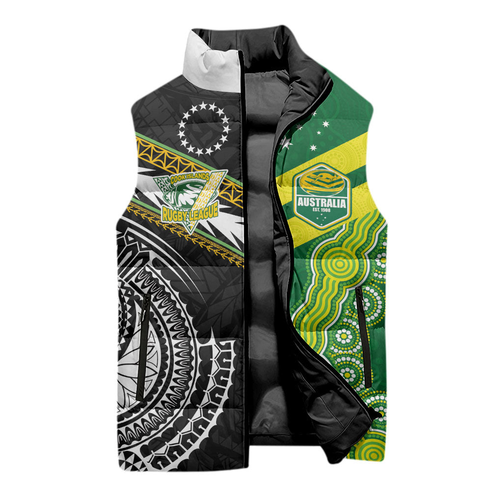 Custom Rugby Cook Islands and Australia Sleeveless Puffer Jacket Tatau Tribal with Aboriginal Chevron Sport Style