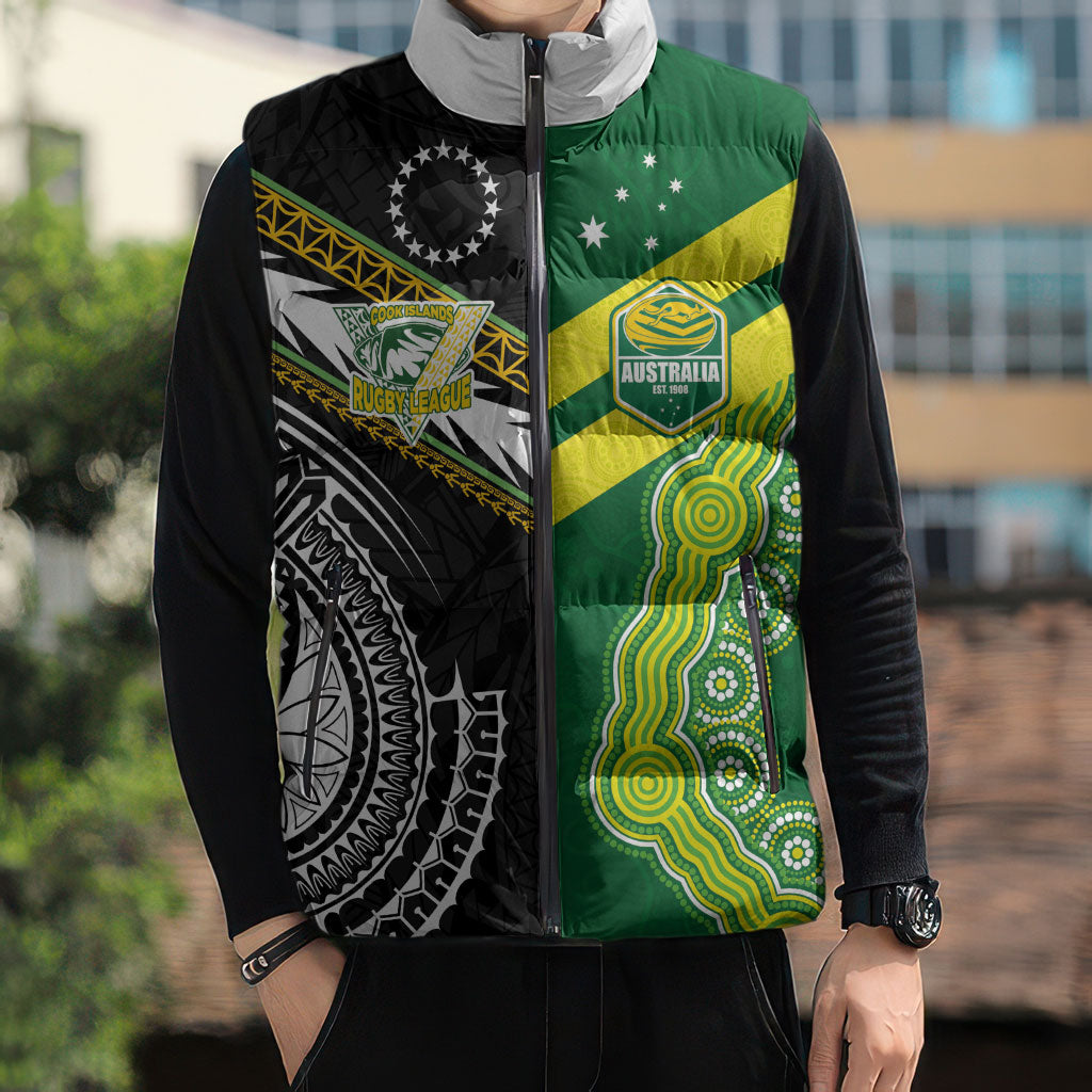 Custom Rugby Cook Islands and Australia Sleeveless Puffer Jacket Tatau Tribal with Aboriginal Chevron Sport Style