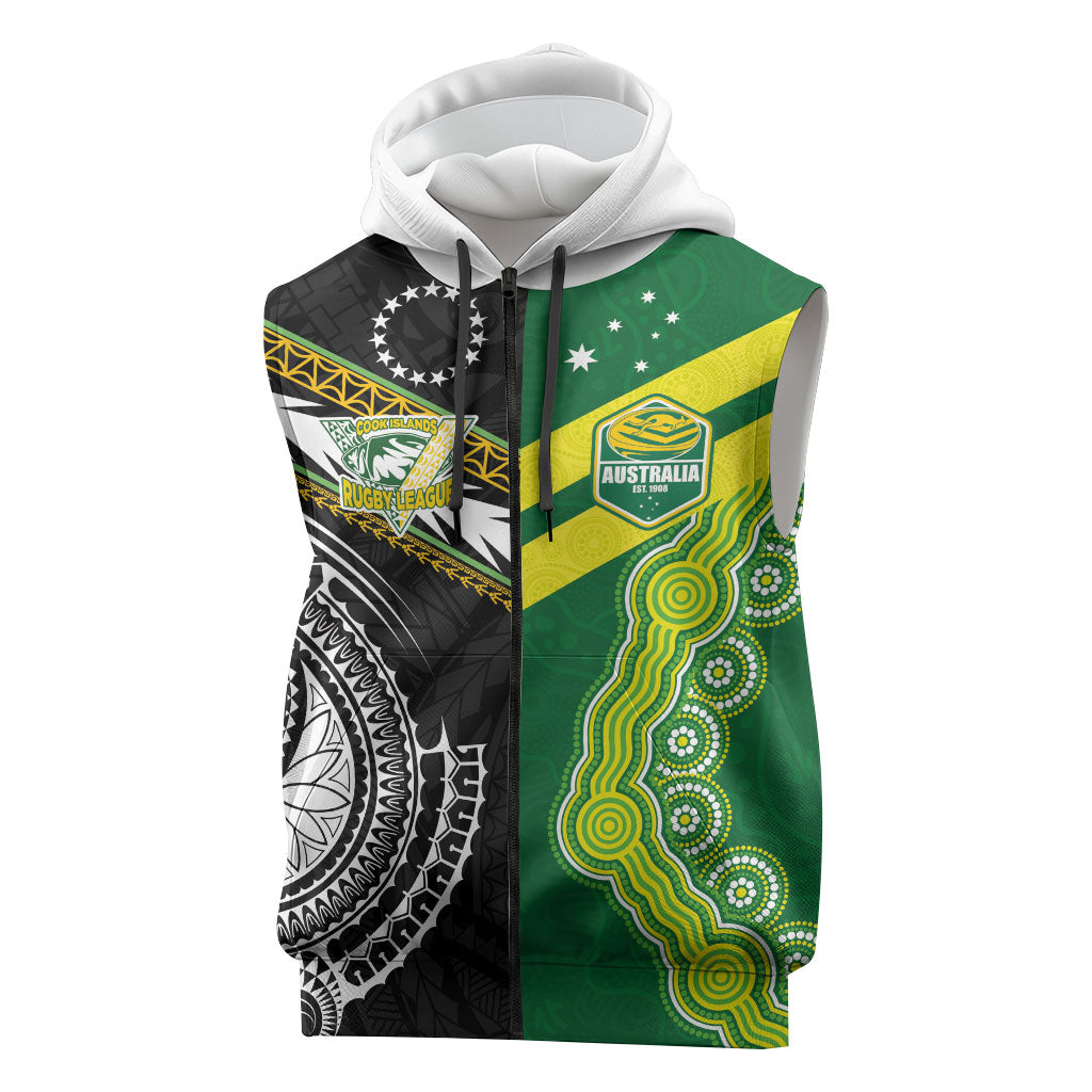 Custom Rugby Cook Islands and Australia Sleeveless Zip Hoodie Tatau Tribal with Aboriginal Chevron Sport Style