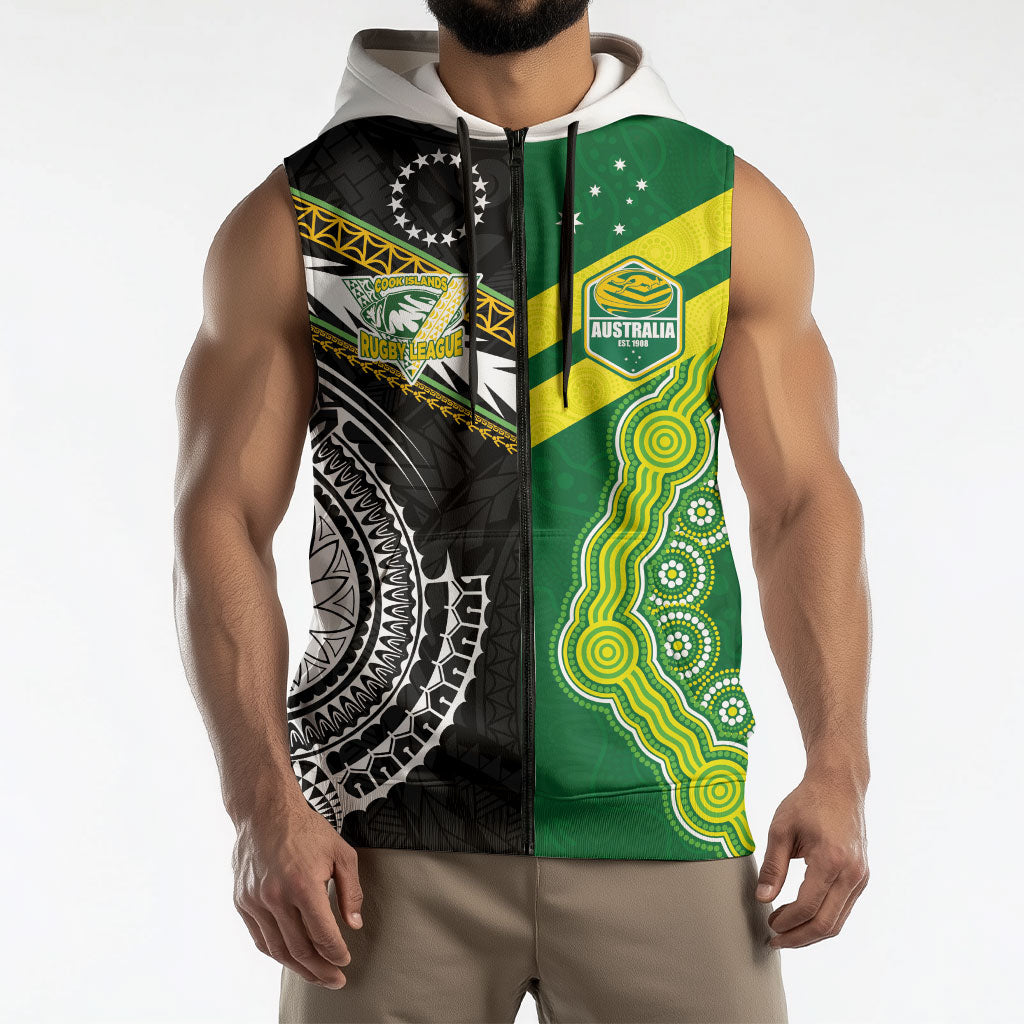 Custom Rugby Cook Islands and Australia Sleeveless Zip Hoodie Tatau Tribal with Aboriginal Chevron Sport Style