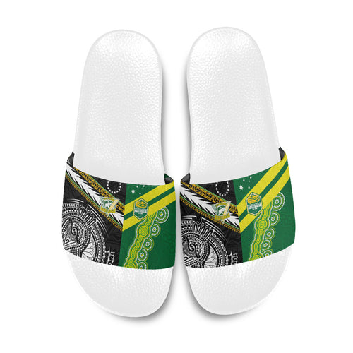 Rugby Cook Islands and Australia Slide Sandals Tatau Tribal with Aboriginal Chevron Sport Style