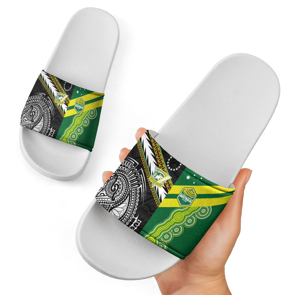 Rugby Cook Islands and Australia Slide Sandals Tatau Tribal with Aboriginal Chevron Sport Style