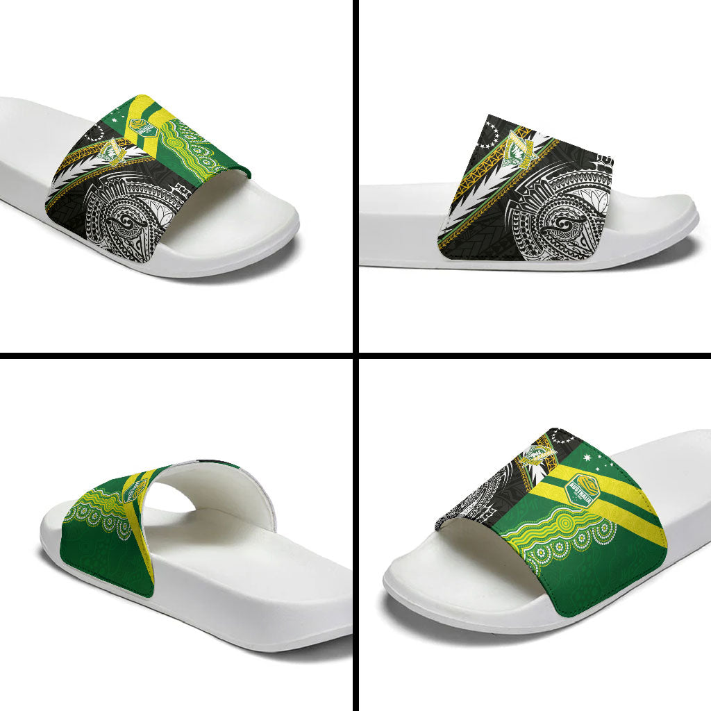 Rugby Cook Islands and Australia Slide Sandals Tatau Tribal with Aboriginal Chevron Sport Style