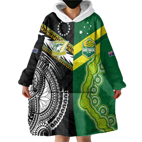 Custom Rugby Cook Islands and Australia Wearable Blanket Hoodie Tatau Tribal with Aboriginal Chevron Sport Style