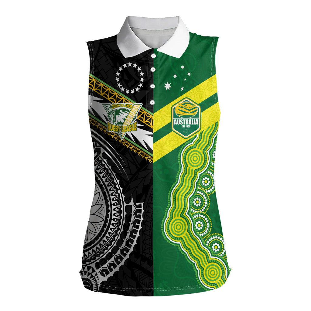 Custom Rugby Cook Islands and Australia Women Sleeveless Polo Shirt Tatau Tribal with Aboriginal Chevron Sport Style