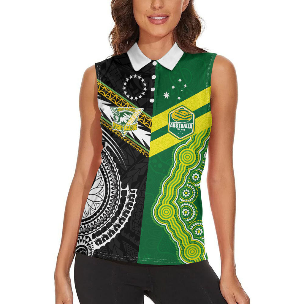 Custom Rugby Cook Islands and Australia Women Sleeveless Polo Shirt Tatau Tribal with Aboriginal Chevron Sport Style