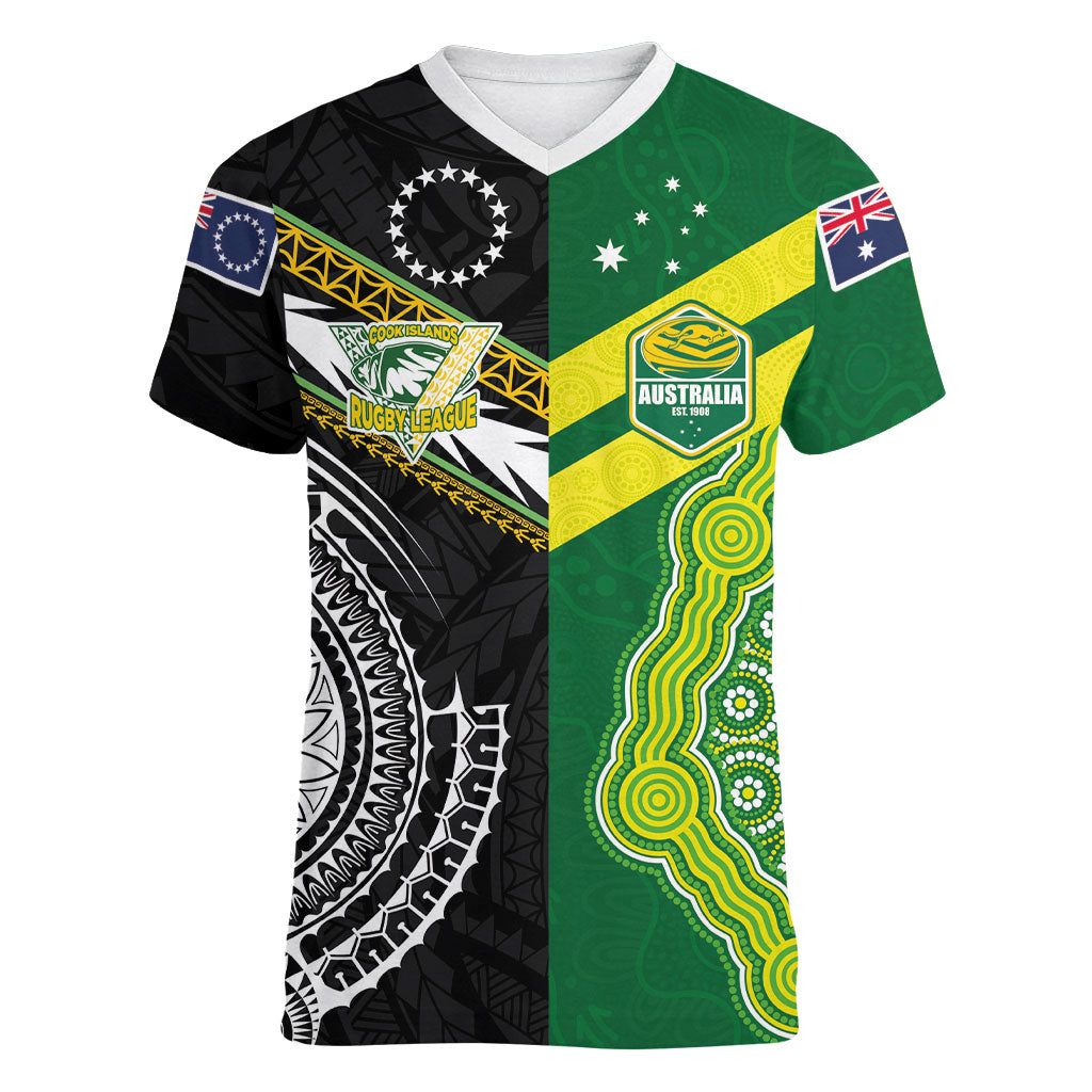 Custom Rugby Cook Islands and Australia Women V-Neck T-Shirt Tatau Tribal with Aboriginal Chevron Sport Style