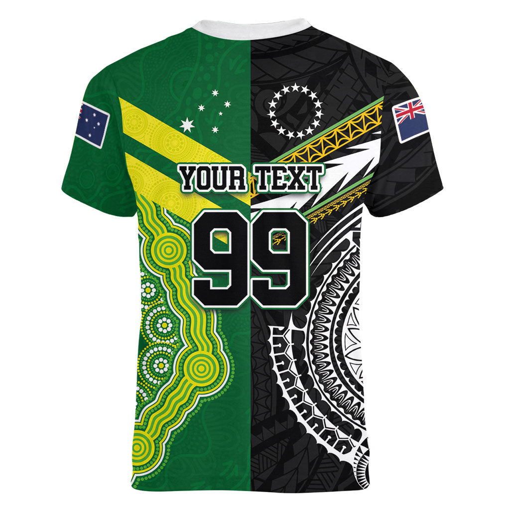 Custom Rugby Cook Islands and Australia Women V-Neck T-Shirt Tatau Tribal with Aboriginal Chevron Sport Style