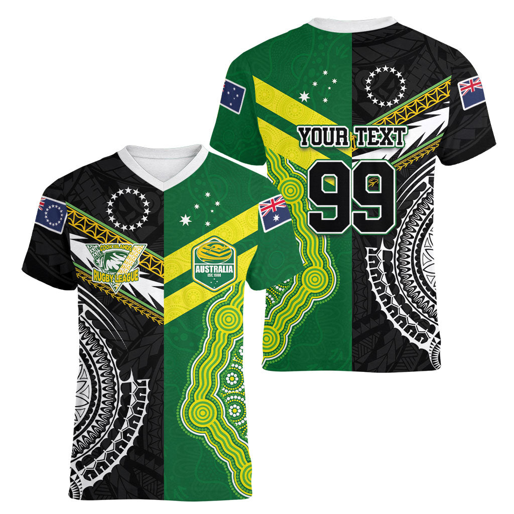 Custom Rugby Cook Islands and Australia Women V-Neck T-Shirt Tatau Tribal with Aboriginal Chevron Sport Style