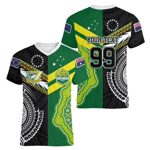 Custom Rugby Cook Islands and Australia Women V-Neck T-Shirt Tatau Tribal with Aboriginal Chevron Sport Style