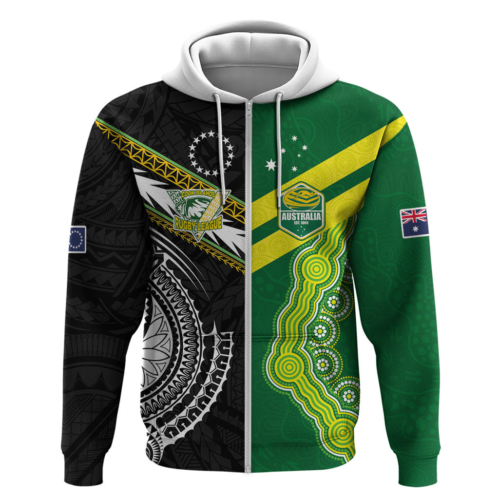 Custom Rugby Cook Islands and Australia Zip Hoodie Tatau Tribal with Aboriginal Chevron Sport Style