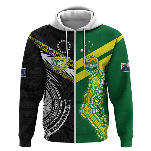 Custom Rugby Cook Islands and Australia Zip Hoodie Tatau Tribal with Aboriginal Chevron Sport Style