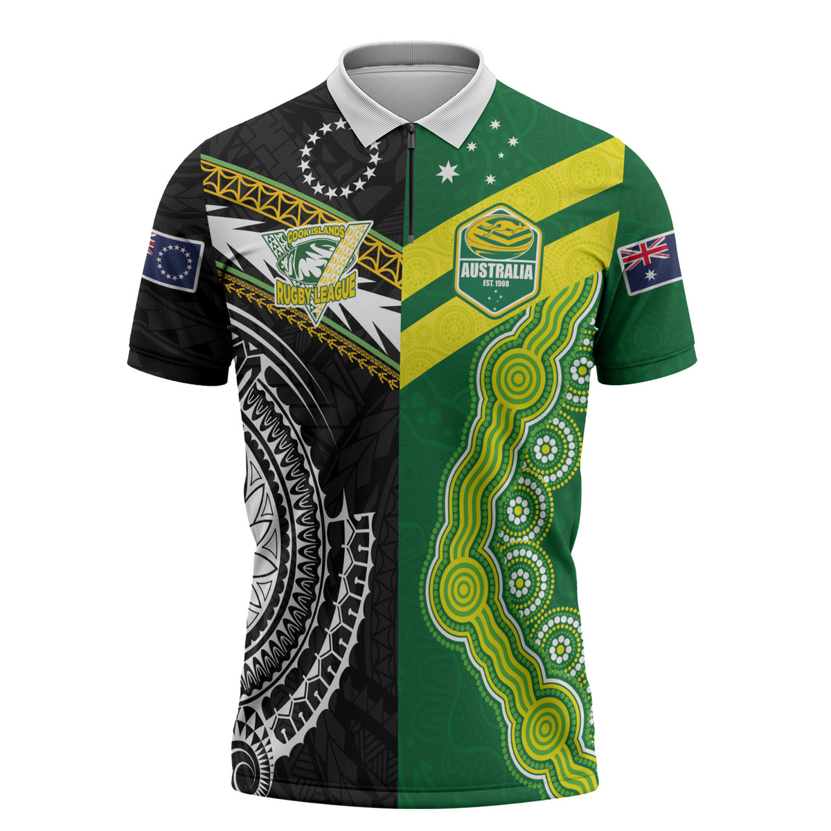 Custom Rugby Cook Islands and Australia Zipper Polo Shirt Tatau Tribal with Aboriginal Chevron Sport Style